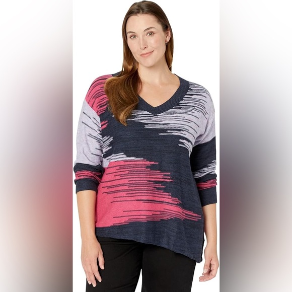 NIC+ZOE Plus Vivid Vibes Sweater Size 2X Indigo Multi V Neck - Picture 1 of 12
